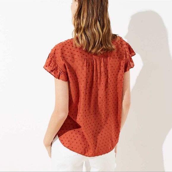 LOFT Ruffle Swiss Dot Button Up Blouse Short Sleeve Burnt Orange Sz S - Picture 4 of 15